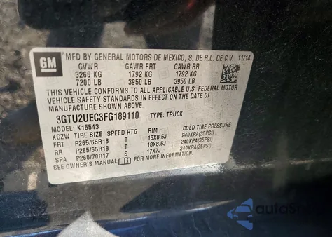 2015 GMC Sierra K1500 Sle from USA, damaged, VIN 3GTU2UEC3FG189110